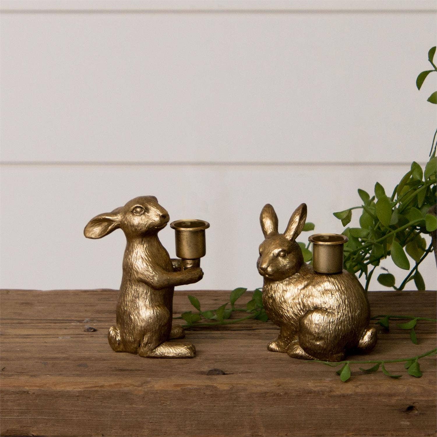Set of Gold Bunny Tapered Candle Holders - Cloth + Cabin