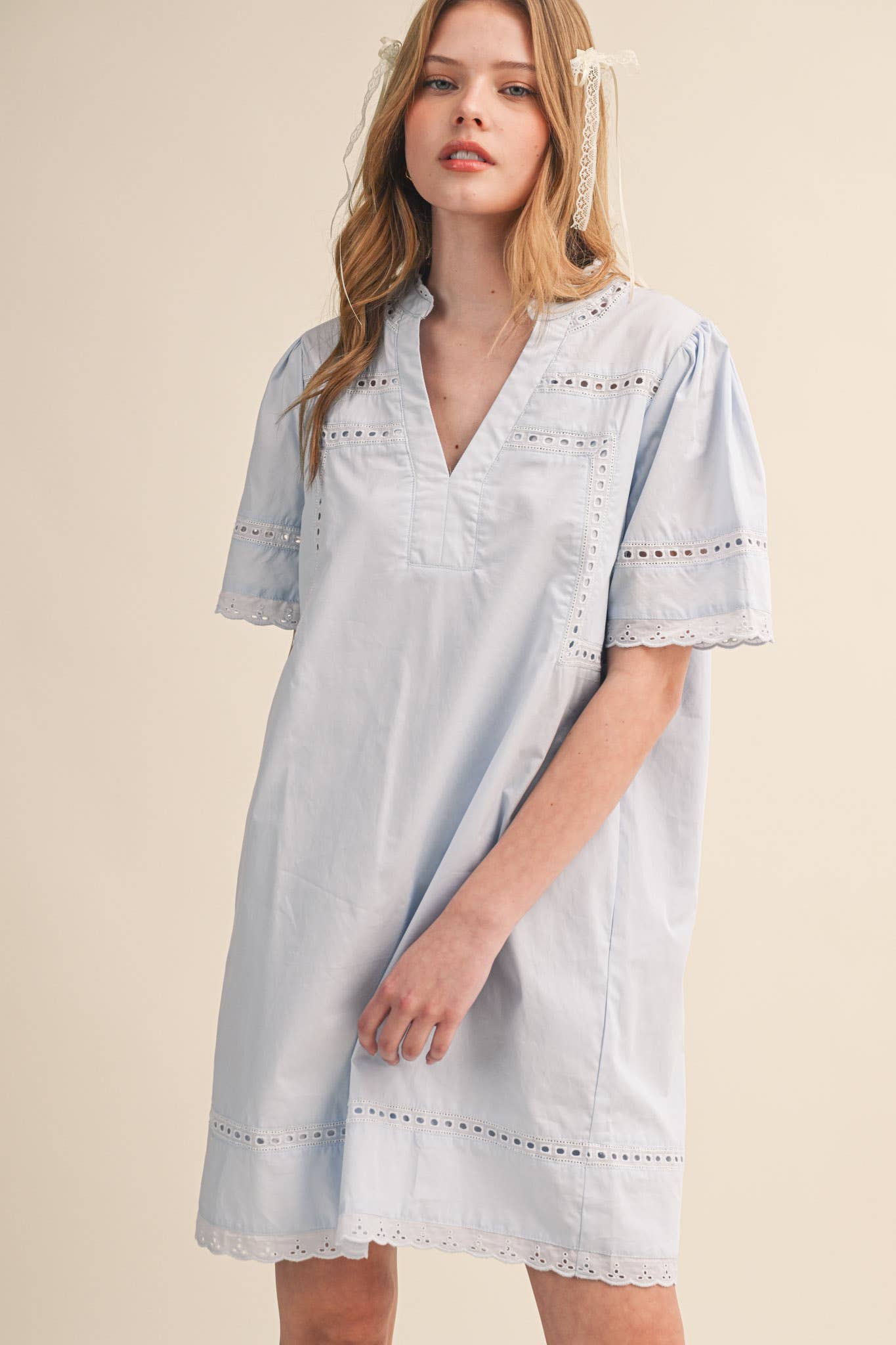 LACE TRIM SHORT SLEEVE TUNIC DRESS MDR4659 - Cloth + Cabin