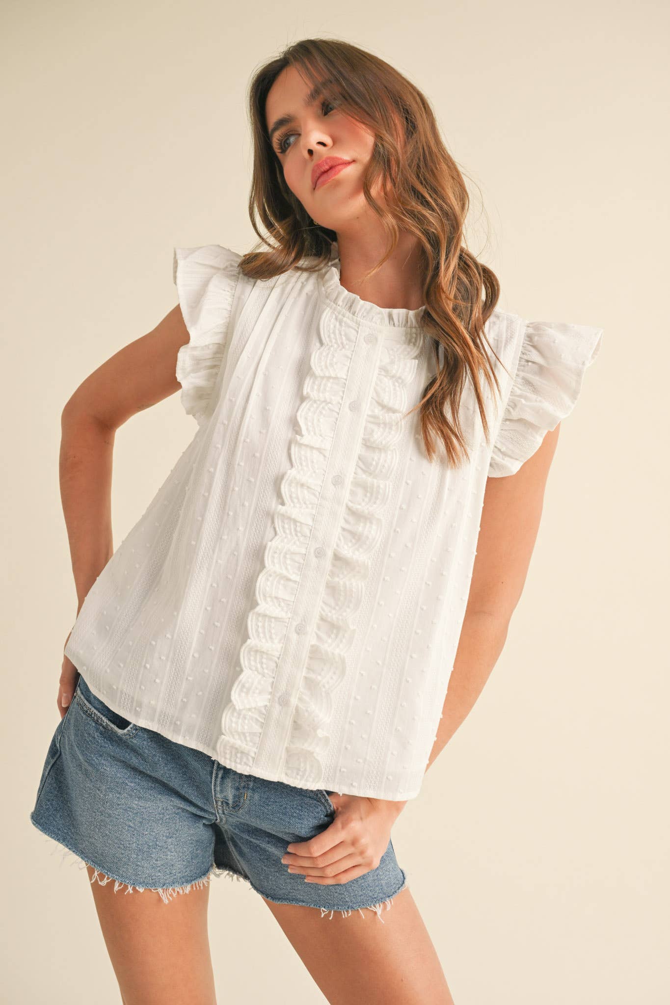 RUFFLE TRIM BUTTON DOWN TOP MTP4012 - Cloth + Cabin