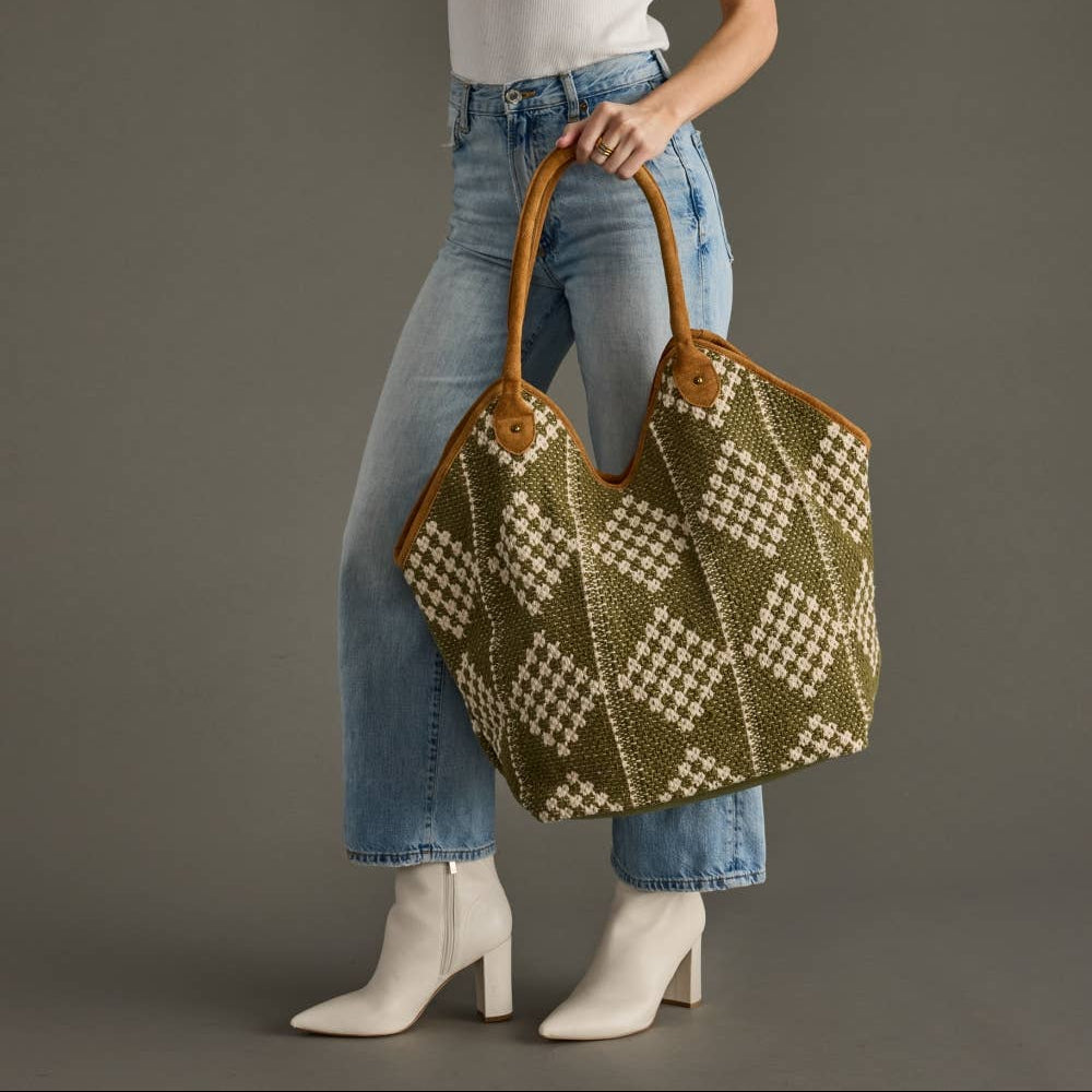 Olive & Cream Diamond Pattern Tote - Cloth + Cabin