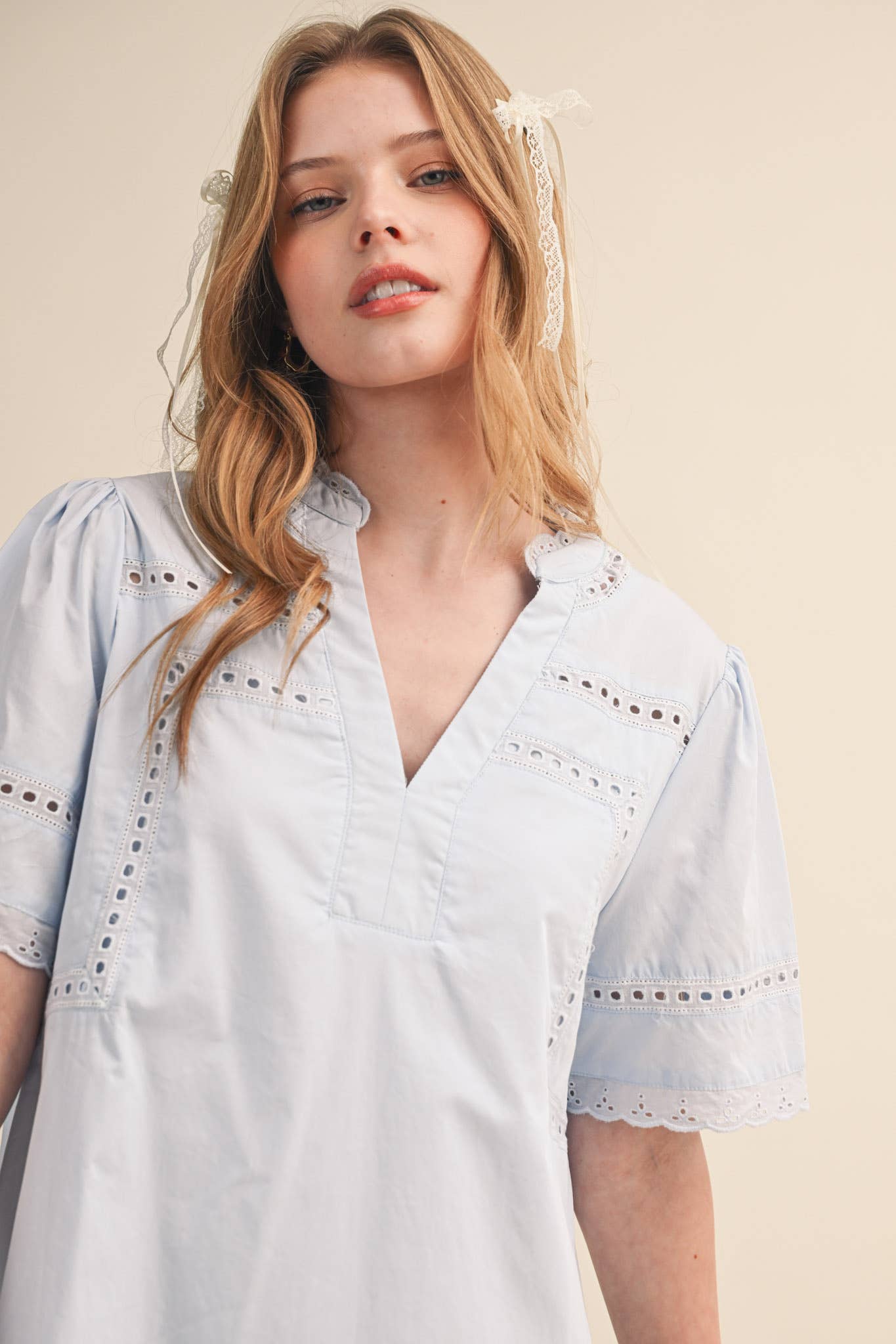 LACE TRIM SHORT SLEEVE TUNIC DRESS MDR4659 - Cloth + Cabin