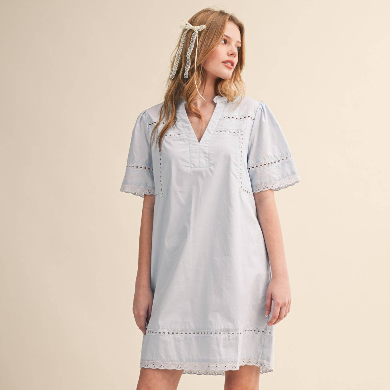 LACE TRIM SHORT SLEEVE TUNIC DRESS MDR4659 - Cloth + Cabin
