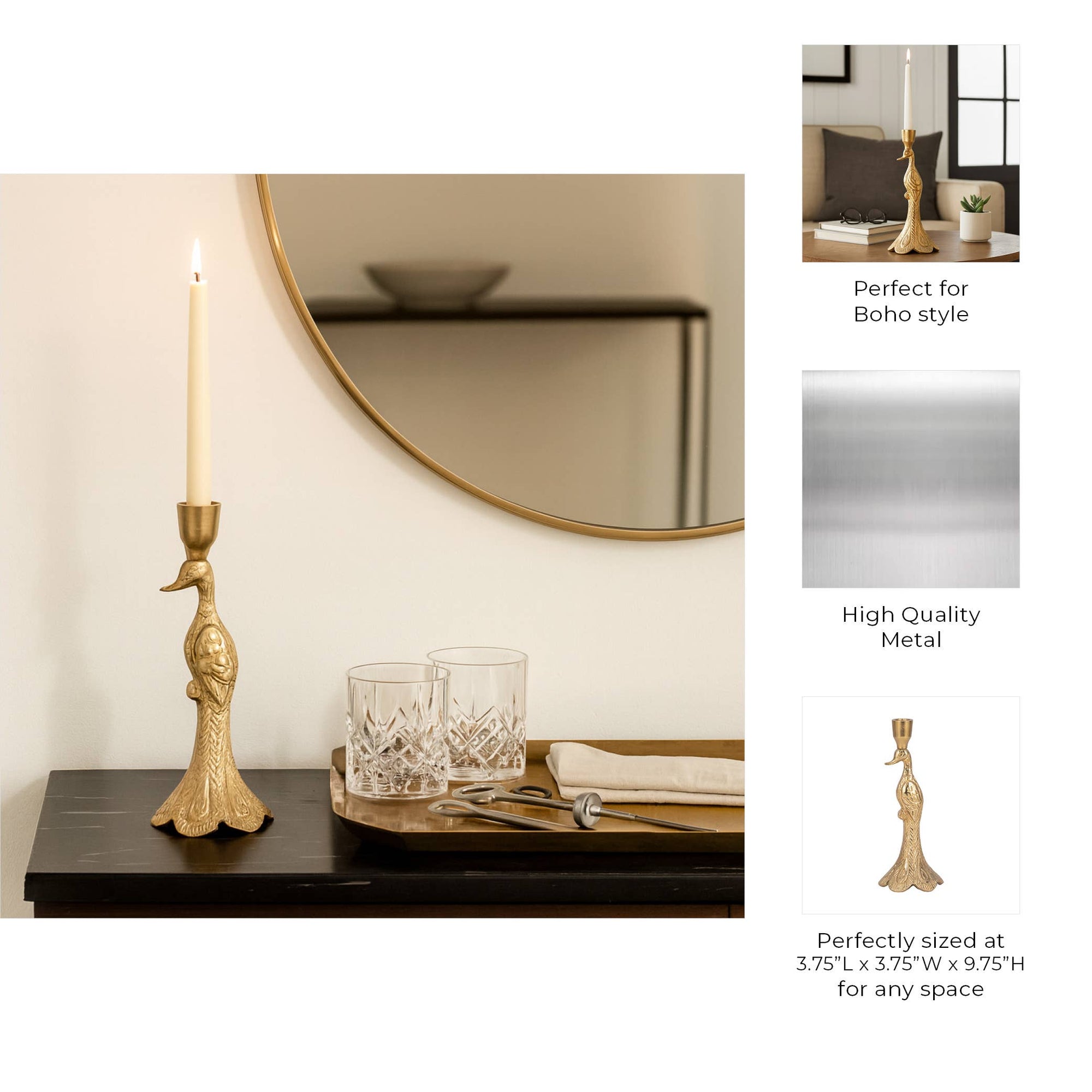 Gold Peacock Taper Candle Holder - Cloth + Cabin