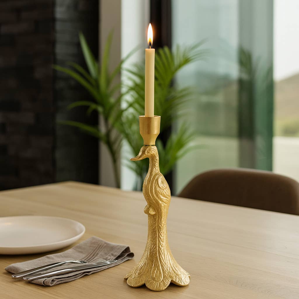 Gold Peacock Taper Candle Holder - Cloth + Cabin